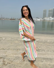 V Neck Kaftan - Linen - Stripe