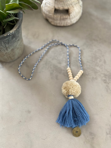 Pompom Tassel Necklace - Steel Blue