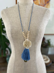 Pompom Tassel Necklace - Steel Blue