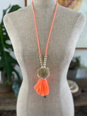 Pompom Tassel Necklace - Bright Coral