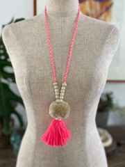 Pompom Tassel Necklace - Bright Pink