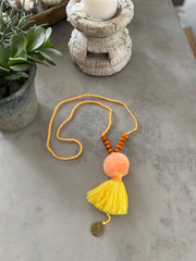 Pompom Tassel Necklace - Yellow Coral