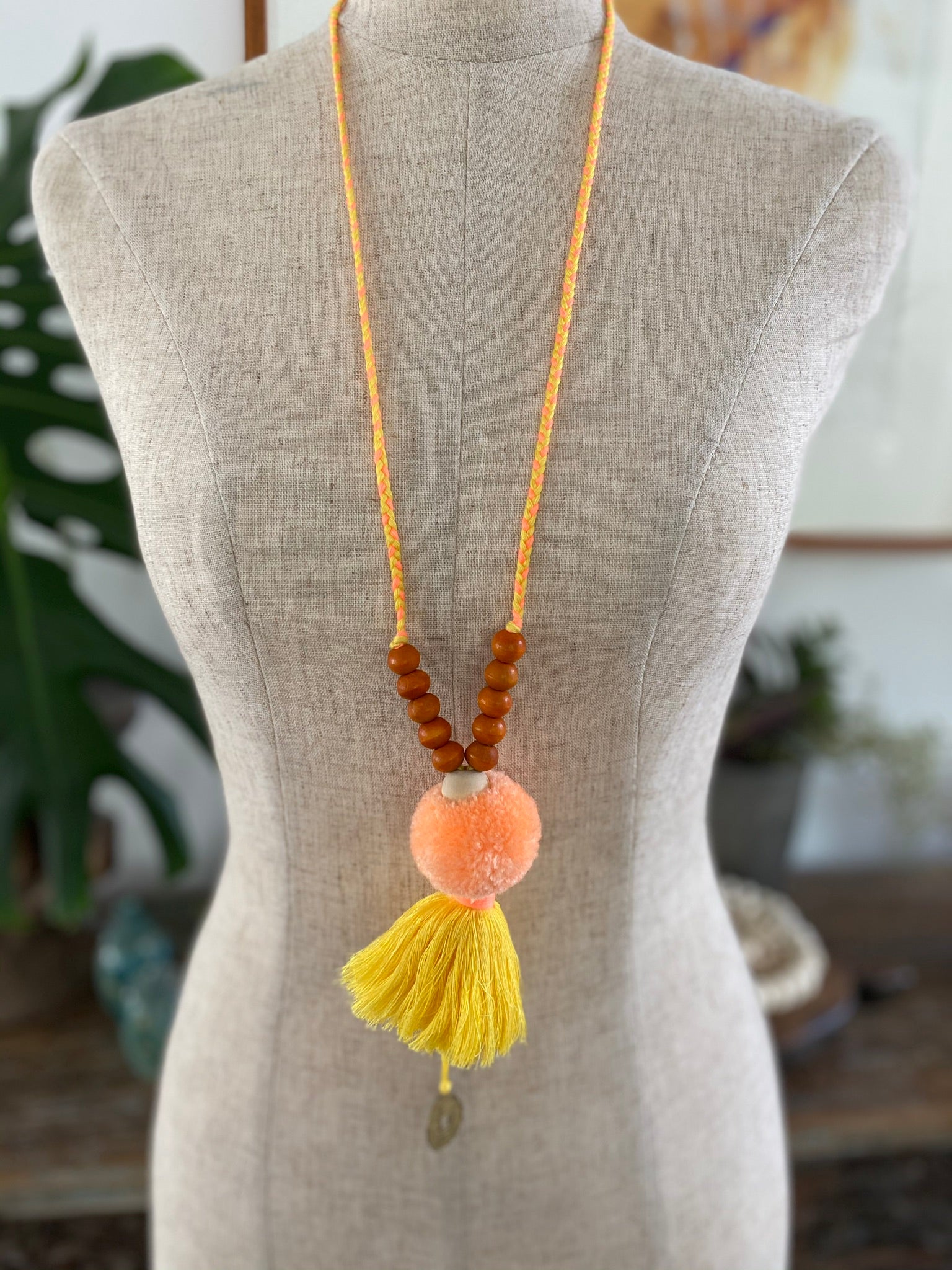 Pompom Tassel Necklace - Yellow Coral