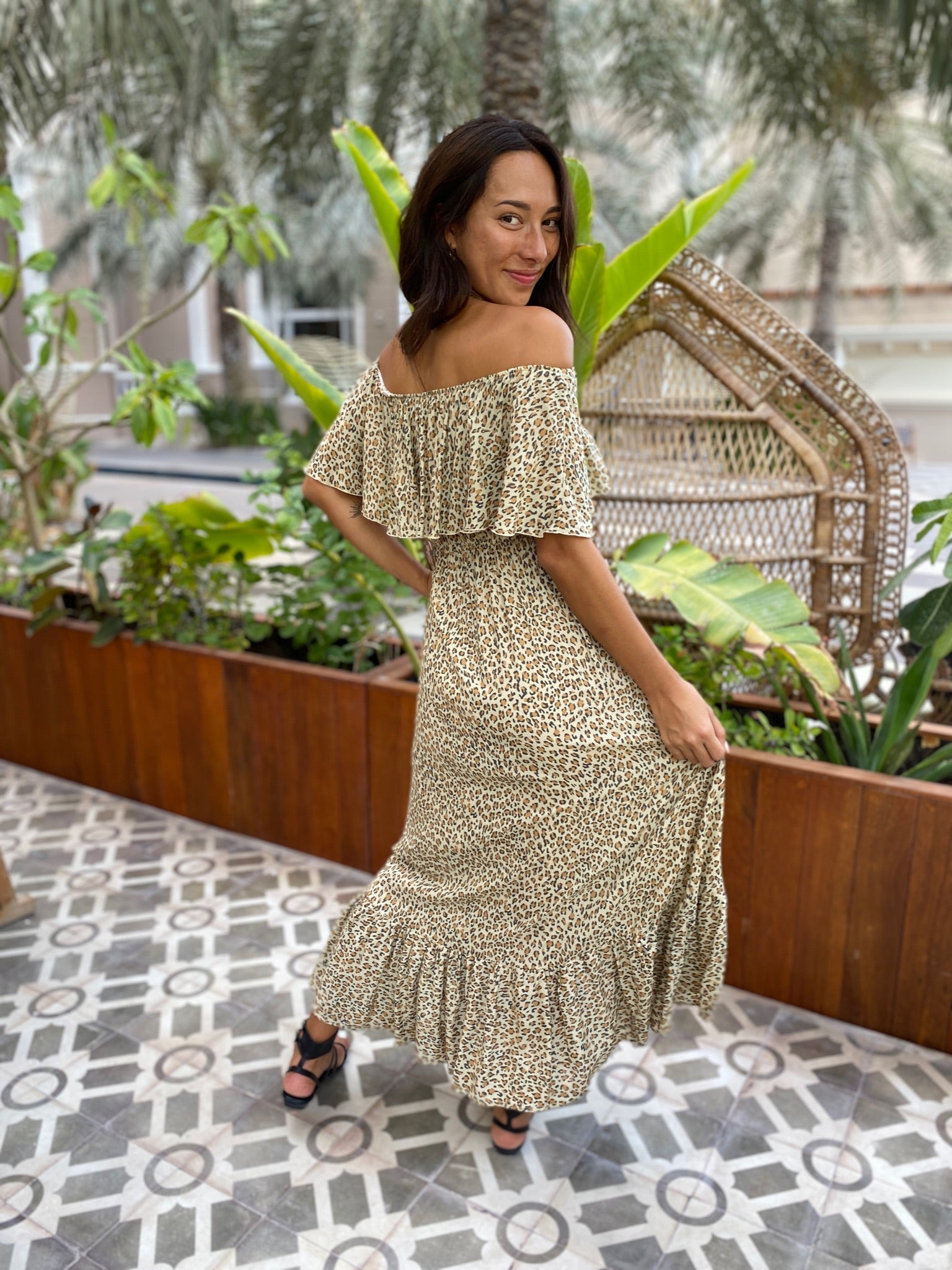 Double frill Dress - Brown Leopard