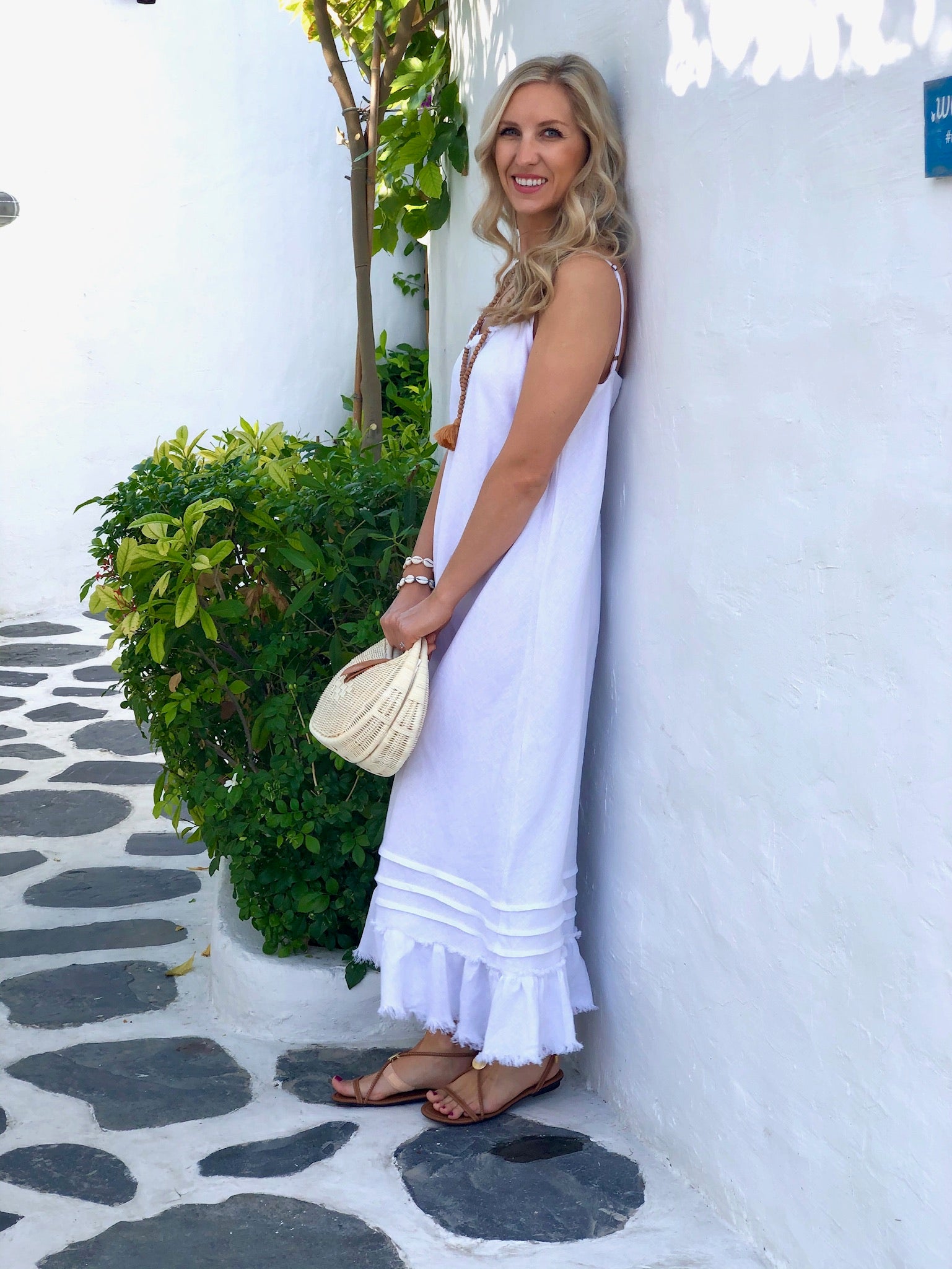 Linen Fray Dress - White Long