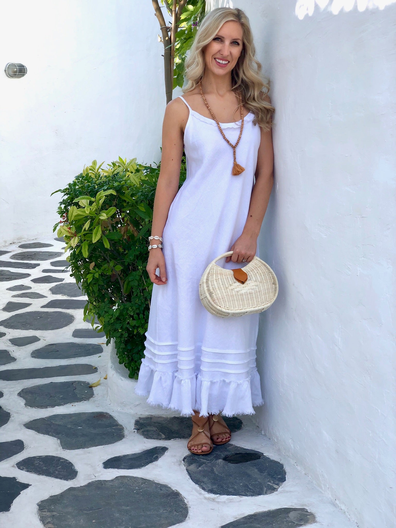 Linen Fray Dress - White Long