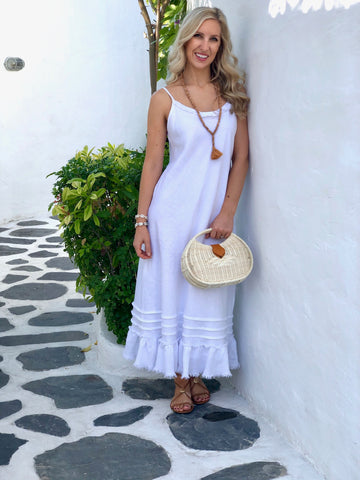 Linen Fray Dress - White Long