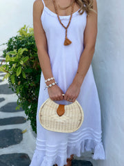 Linen Fray Dress - White Long