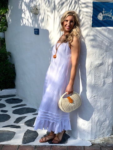 Linen Fray Dress - White Long