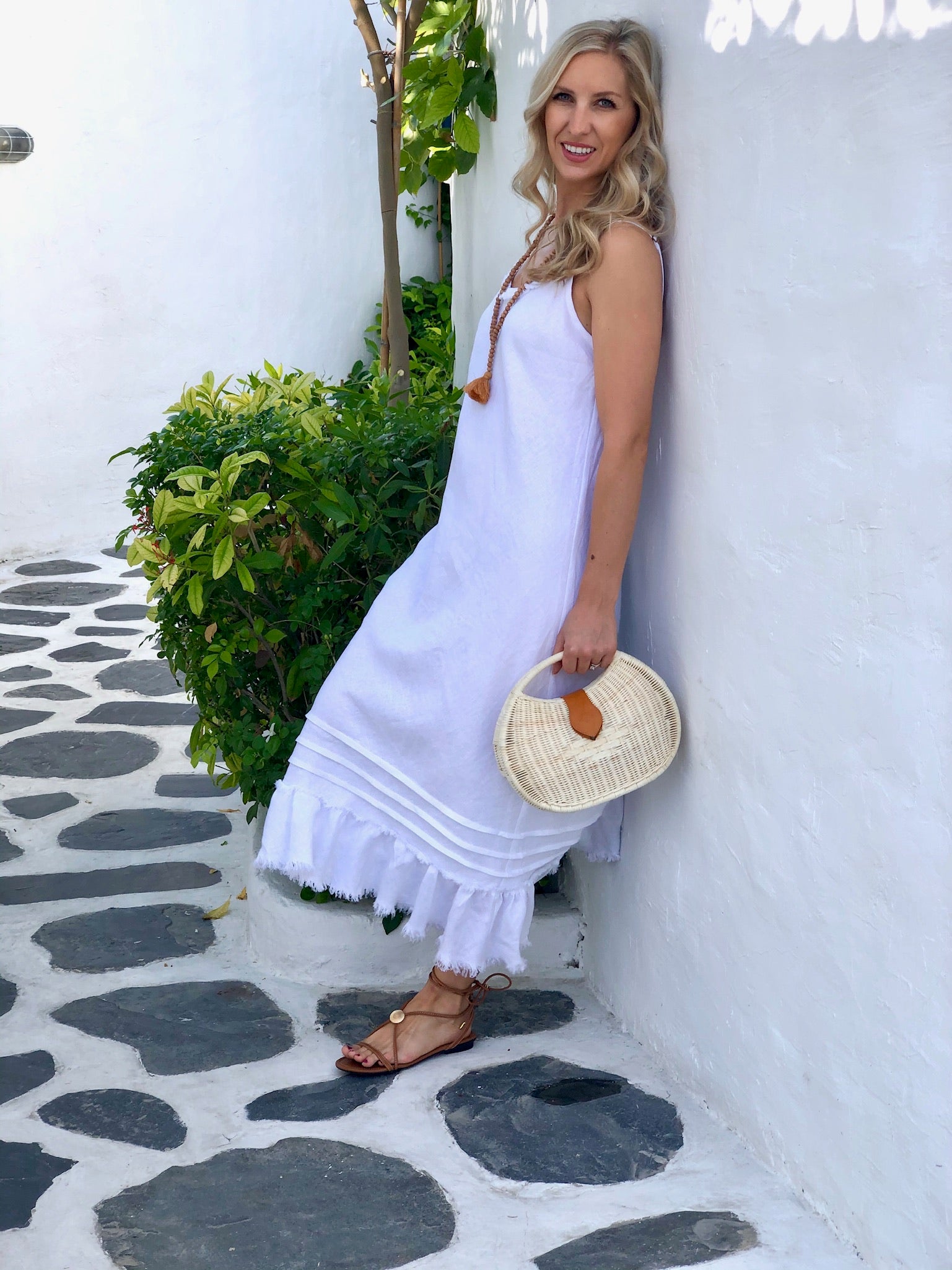 Linen Fray Dress - White Long