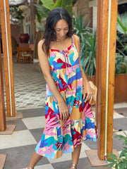 Posie Dress Long - Pale Yellow and Red Tropical Print
