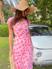 Maxi Wrap Dress - Pink and Coral Hibiscus