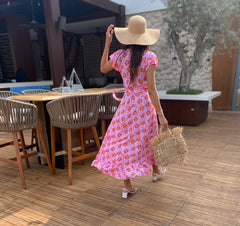 Maxi Wrap Dress - Pink and Coral Hibiscus