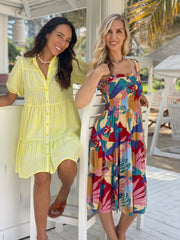 Milan Dress Cropped - Pale Yellow and Red Tropical Print