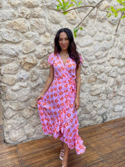 Maxi Wrap Dress - Pink and Coral Hibiscus