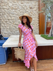 Maxi Wrap Dress - Pink and Coral Hibiscus
