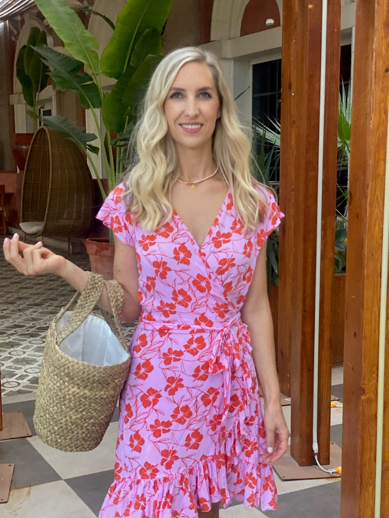 Short Wrap Dress - Coral and Pink Hibiscus