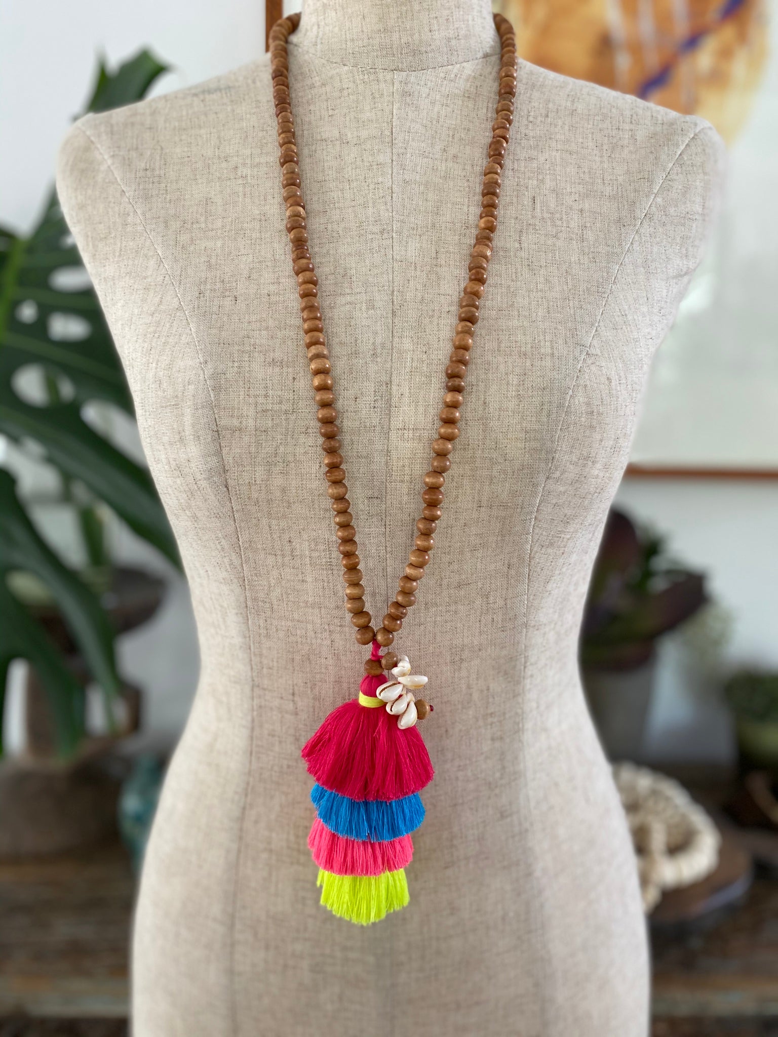 Multi Coloured Tassel Necklace - Pink and Yellow