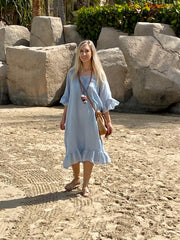 Linen Frill Dress with slip - Soft Blue