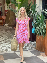 Short Wrap Dress - Coral and Pink Hibiscus