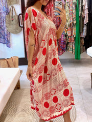 V Neck Kaftan - Red Circles