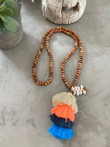 Multi Coloured Tassel Necklace - Blue and Coral