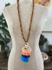 Multi Coloured Tassel Necklace - Blue and Coral
