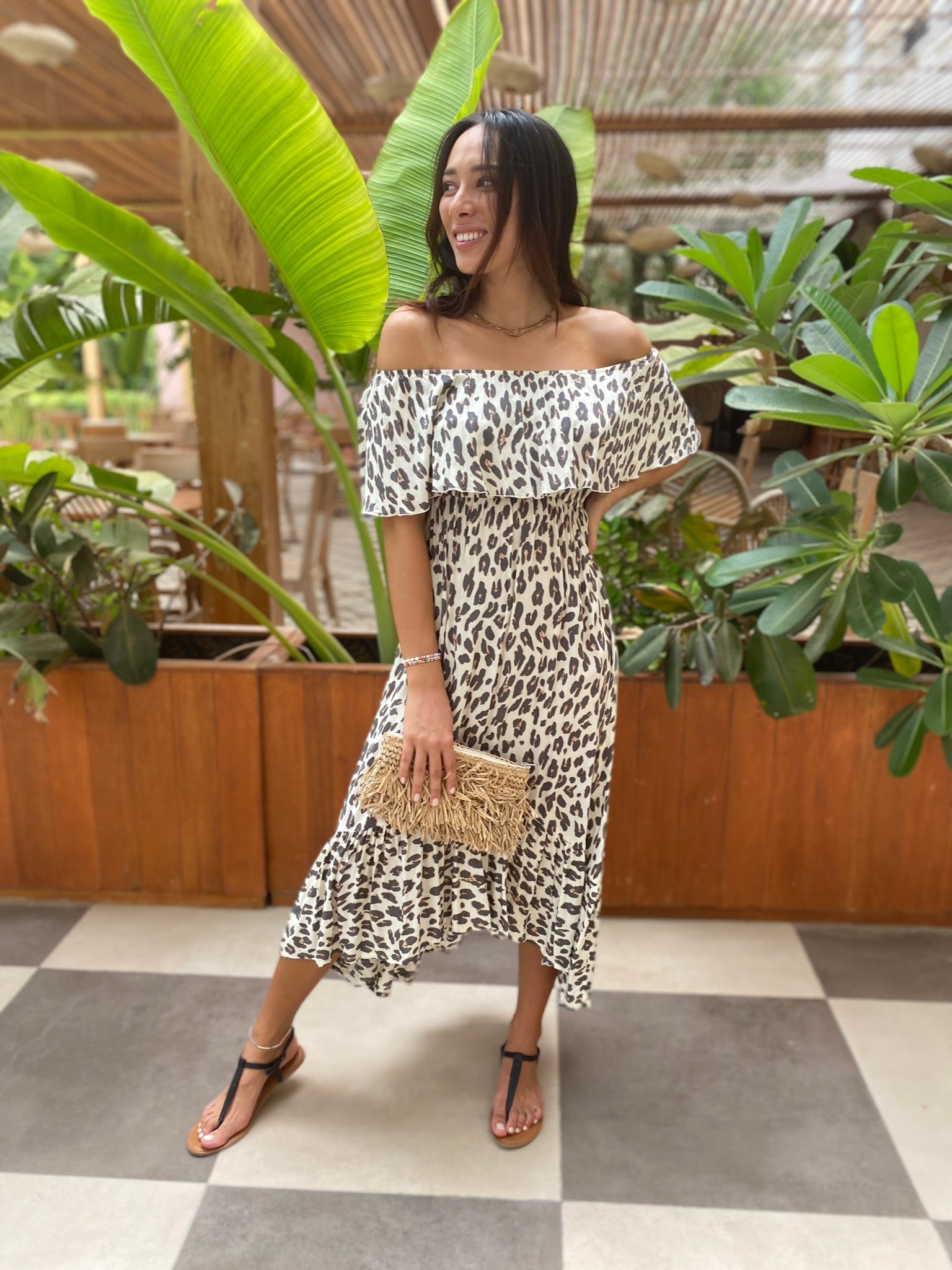 Double Frill Dress - Cream Leopard