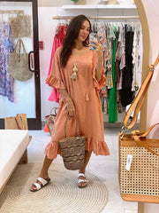 Linen Frill Dress with slip - Cinnamon