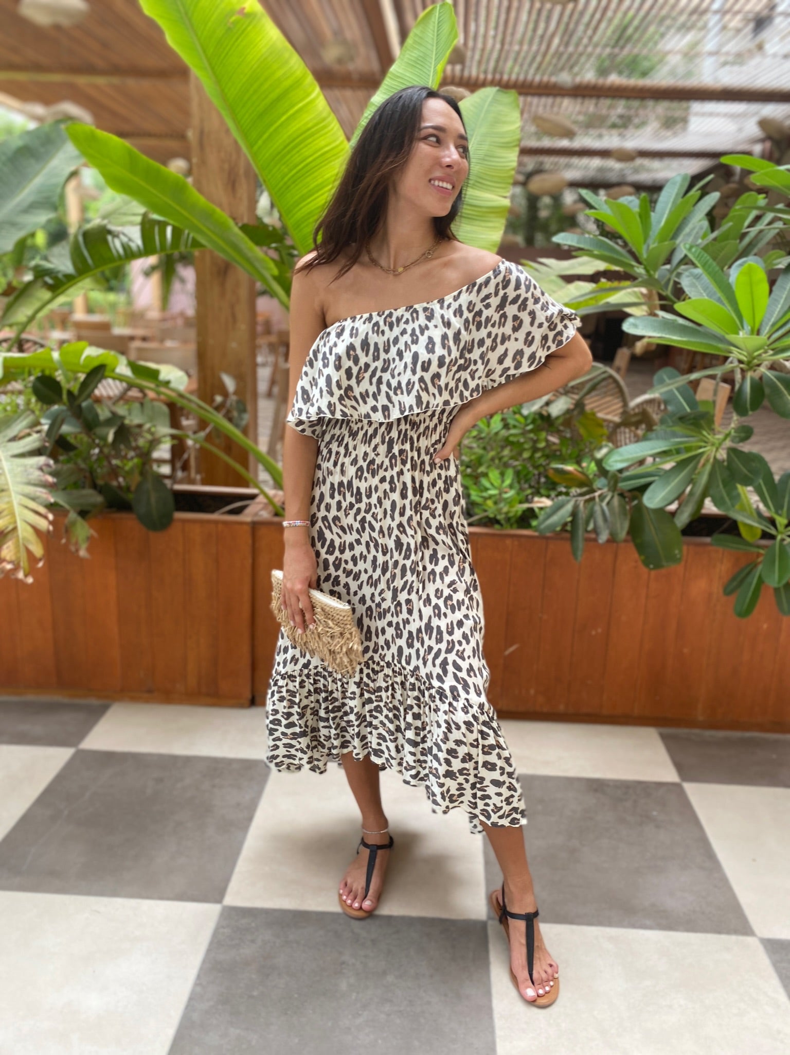 Double Frill Dress - Cream Leopard